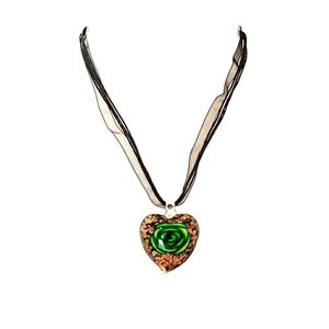 Black Heart Green Rose Glass Pendant Necklace